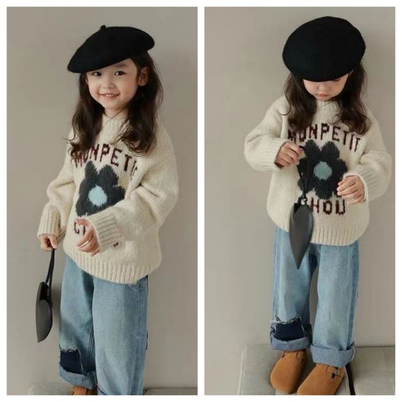 Winter Clothing Store - ร้านขายเสื้อผ้าเด็ก คอกลมเนื้อนุ่ม เสื้อสเวตเตอร์เด็กผู้หญิง ลายตัวอักษรและดอกไม้ สำหรับฤดูใบไม้ร่วงและฤดูหนาว เสื้อแฟชั่นเด็กใหม่ล่าสุด