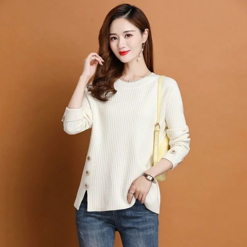 Winter Clothing Sale Women - เสื้อสเวตเตอร์ไหมพรมผู้หญิง คอกลม แขนยาว สไตล์เกาหลี ฮาราจูกุ สีขาว