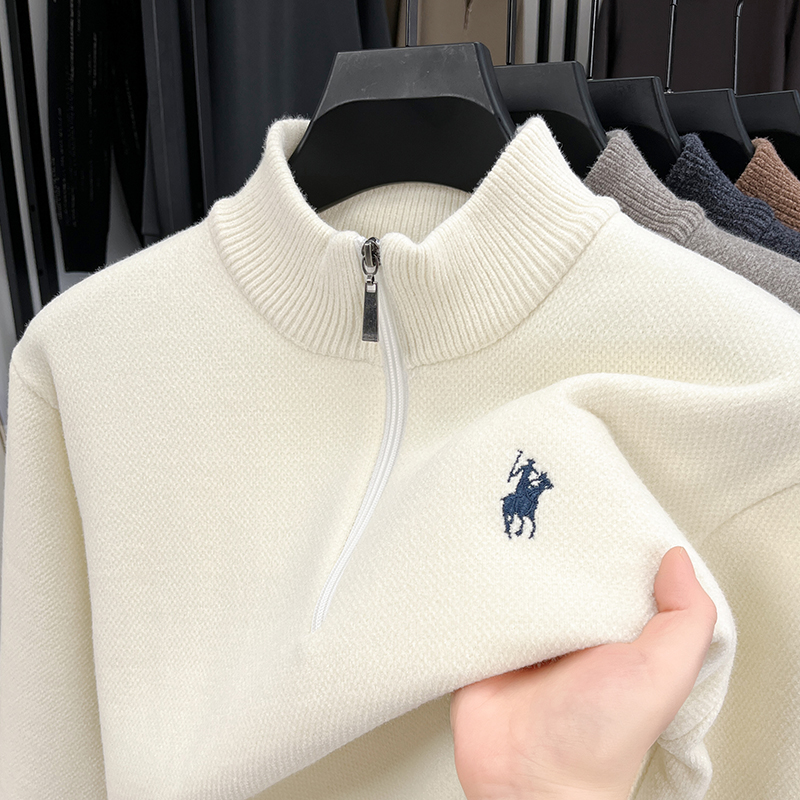 Quality Winter Clothing - เสื้อสเวตเตอร์ถักผู้ชายแบบมีซิปครึ่งตัว สำหรับฤดูหนาว แต่งลายปักคุณภาพสูง สไตล์อังกฤษ เหมาะสำหรับใส่เดินทางประจำวัน