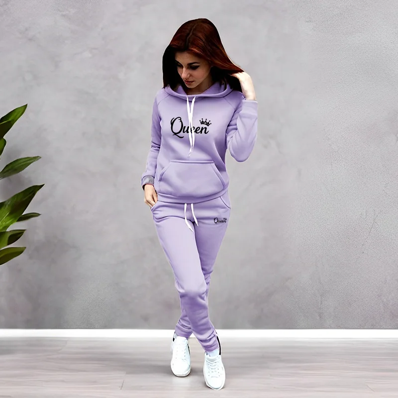Quality Winter Clothing - ชุดวอร์มผู้หญิง พิมพ์ลายตัวอักษร Queen เสื้อฮู้ดคุณภาพสูง ชุดออกกำลังกาย แฟชั่นลำลอง