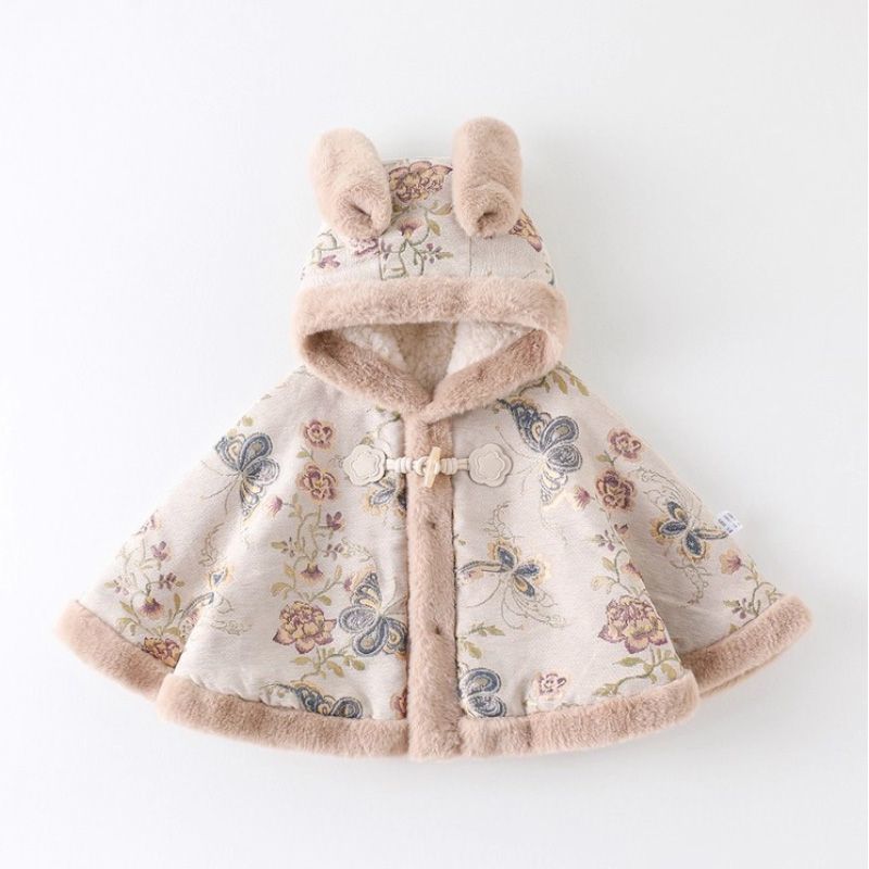 Winter Clothing Baby Girl - เสื้อโค้ทกันหนาวสำหรับเด็กผู้หญิง ลายผีเสื้อและดอกไม้ บุด้วยผ้าฟลีซหนา ป้องกันลม เหมาะสำหรับเด็กเล็กและเด็กโต